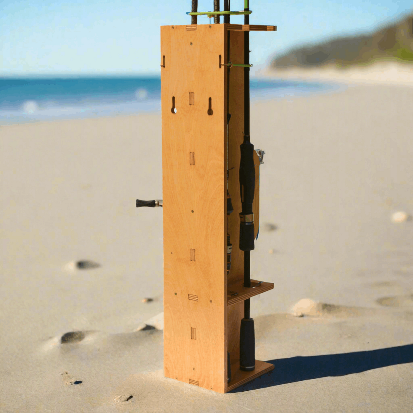 Mobilus meškerių stovas su rankena.  Mobilus meškerių dėklas skirtas 4 vnt. meškerėms.