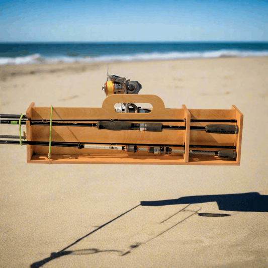 Mobilus meškerių stovas su rankena.  Mobilus meškerių dėklas skirtas 4 vnt. meškerėms.