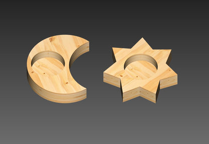 Wood tea light candle holders. Sun & Moon. Digital files for CNC and 3D printing